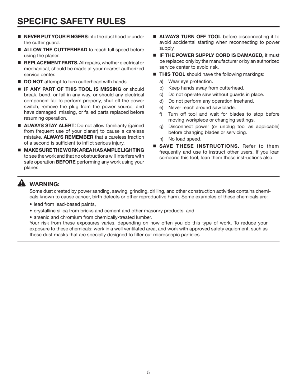 Specific safety rules | RIDGID 13	in.	THICKNESS	PLANER R4330 User Manual | Page 5 / 28