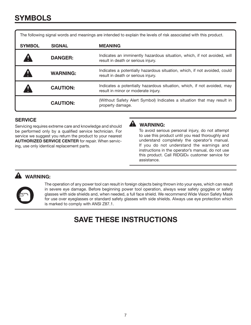 Symbols, Save these instructions | RIDGID 13	in.	THICKNESS	PLANER R4330 User Manual | Page 7 / 28