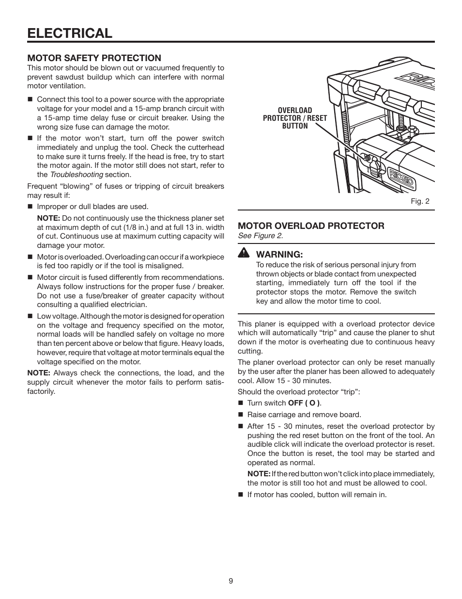 Electrical | RIDGID 13	in.	THICKNESS	PLANER R4330 User Manual | Page 9 / 28