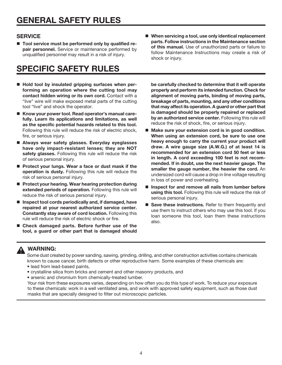 General safety rules, Specific safety rules | RIDGID R2400 User Manual | Page 4 / 20