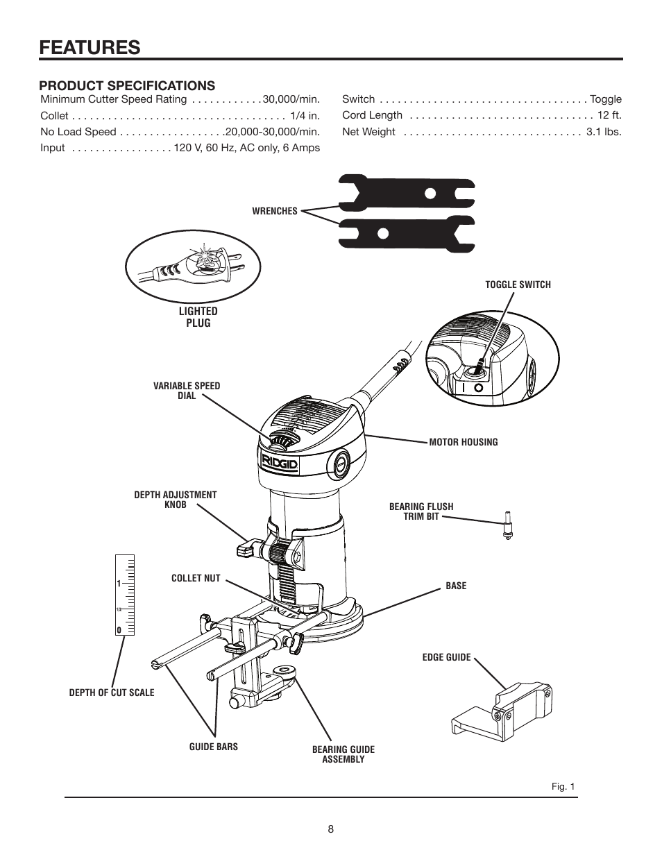 Features, Product specifications | RIDGID R2400 User Manual | Page 8 / 20