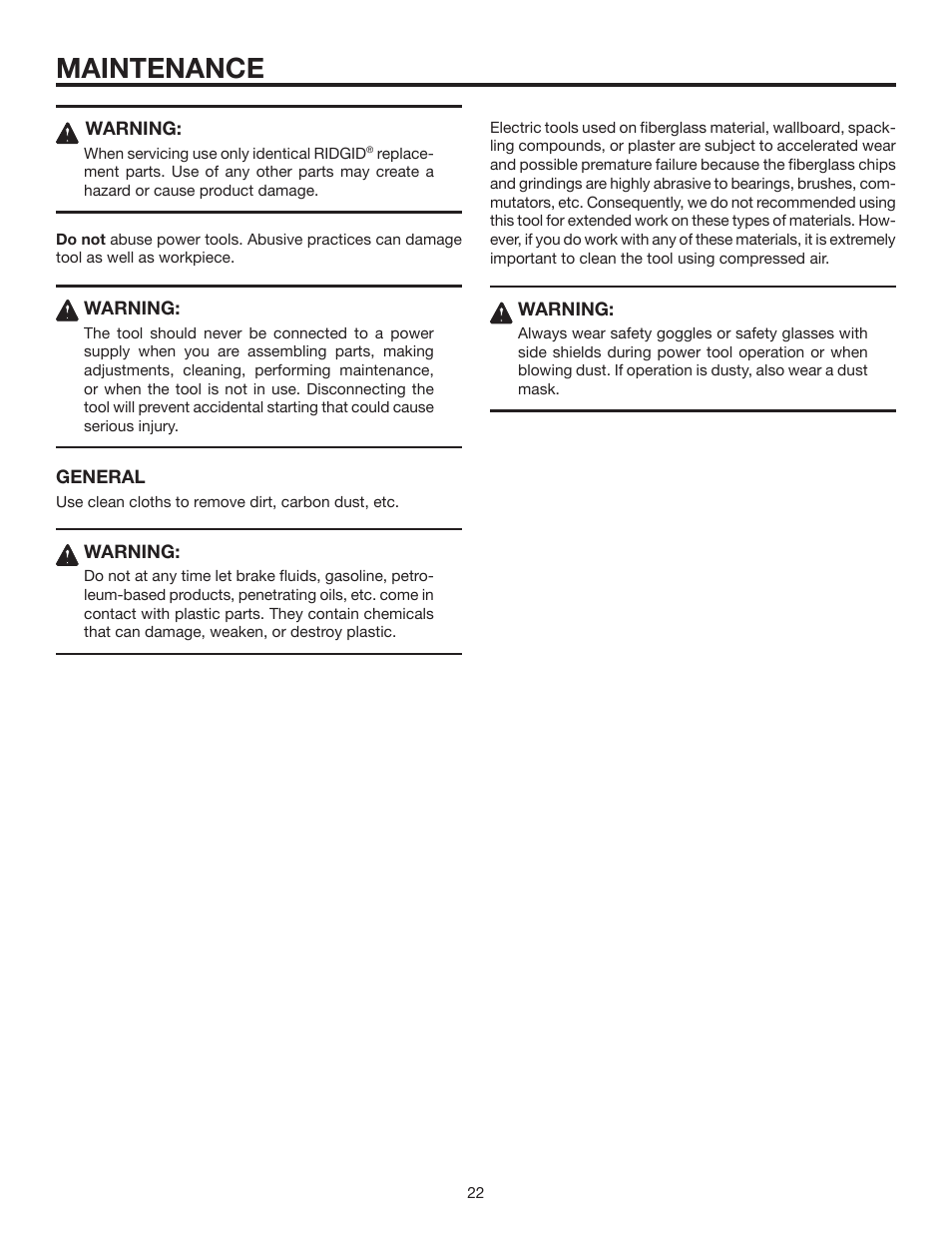 Maintenance | RIDGID R3210-1 User Manual | Page 22 / 26