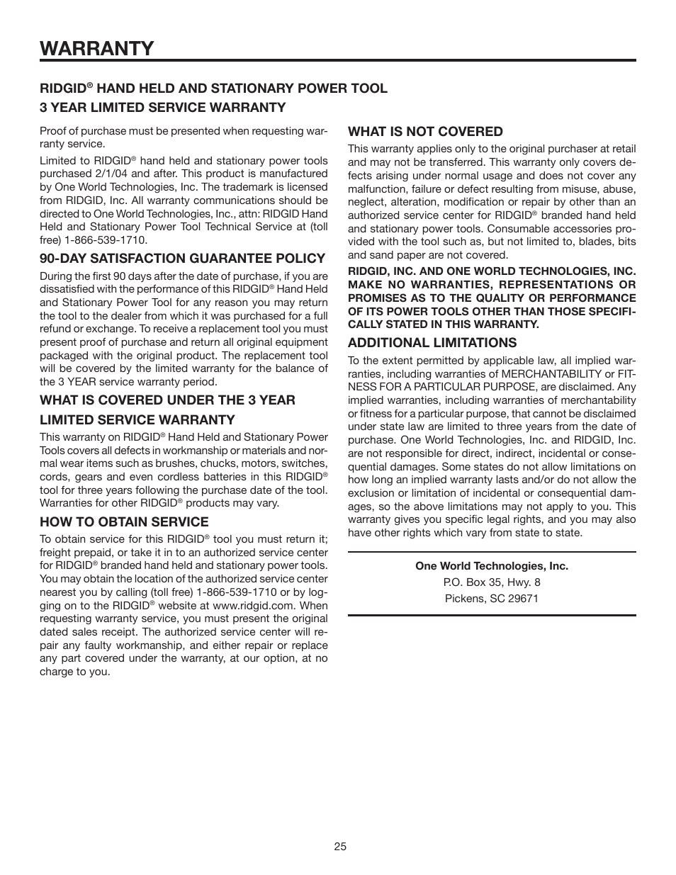 Warranty, Day satisfaction guarantee policy, How to obtain service | Ridgid, Additional limitations | RIDGID R3210-1 User Manual | Page 25 / 26