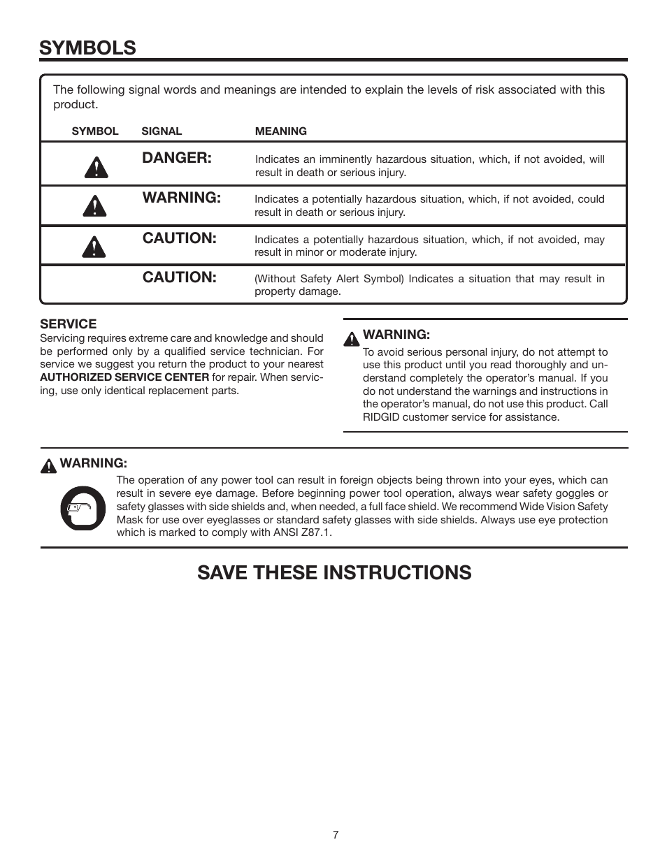 Save these instructions, Symbols | RIDGID R3210-1 User Manual | Page 7 / 26