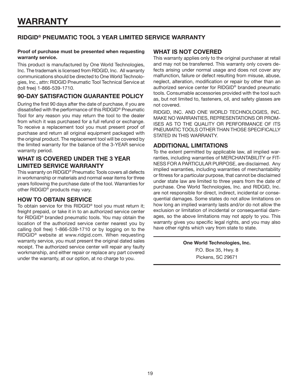 Warranty | RIDGID R350CHA User Manual | Page 19 / 20