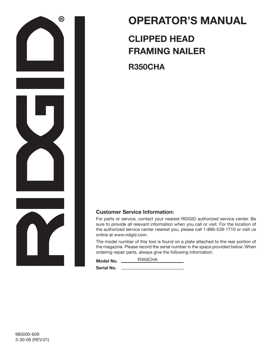 Operator’s manual, Clipped head framing nailer, R350cha | RIDGID R350CHA User Manual | Page 20 / 20