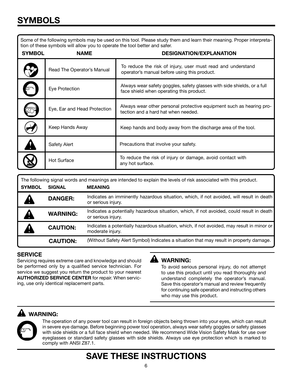 Save these instructions symbols | RIDGID R350CHA User Manual | Page 6 / 20