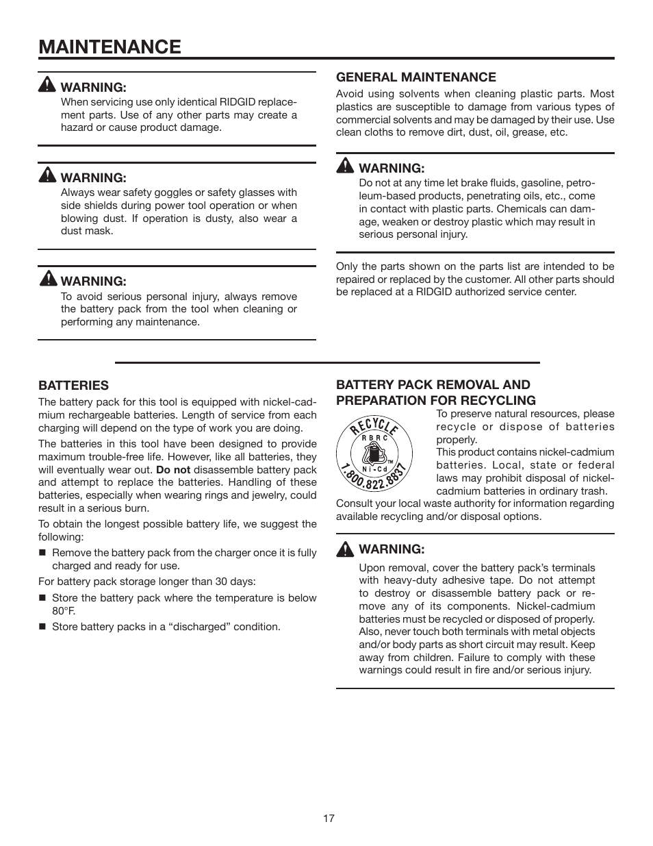 Maintenance | RIDGID R840011 User Manual | Page 17 / 20