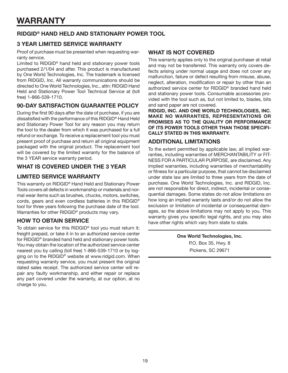 Warranty, Day satisfaction guarantee policy, How to obtain service | Ridgid, Additional limitations | RIDGID R840011 User Manual | Page 19 / 20