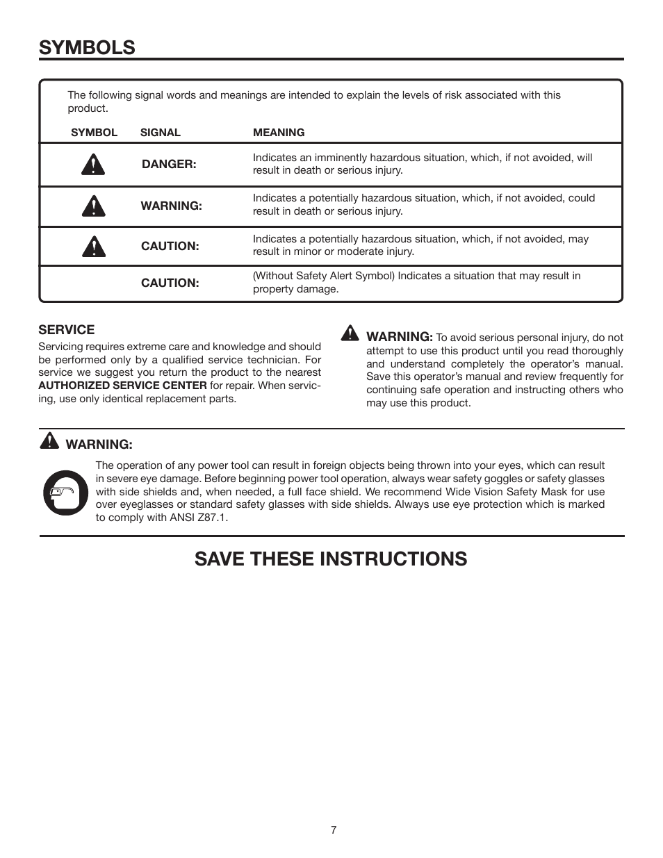 Symbols, Save these instructions | RIDGID R840011 User Manual | Page 7 / 20