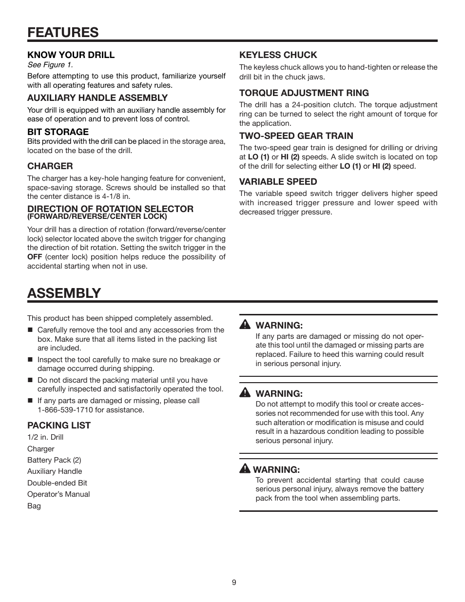 Features, Assembly | RIDGID R840011 User Manual | Page 9 / 20