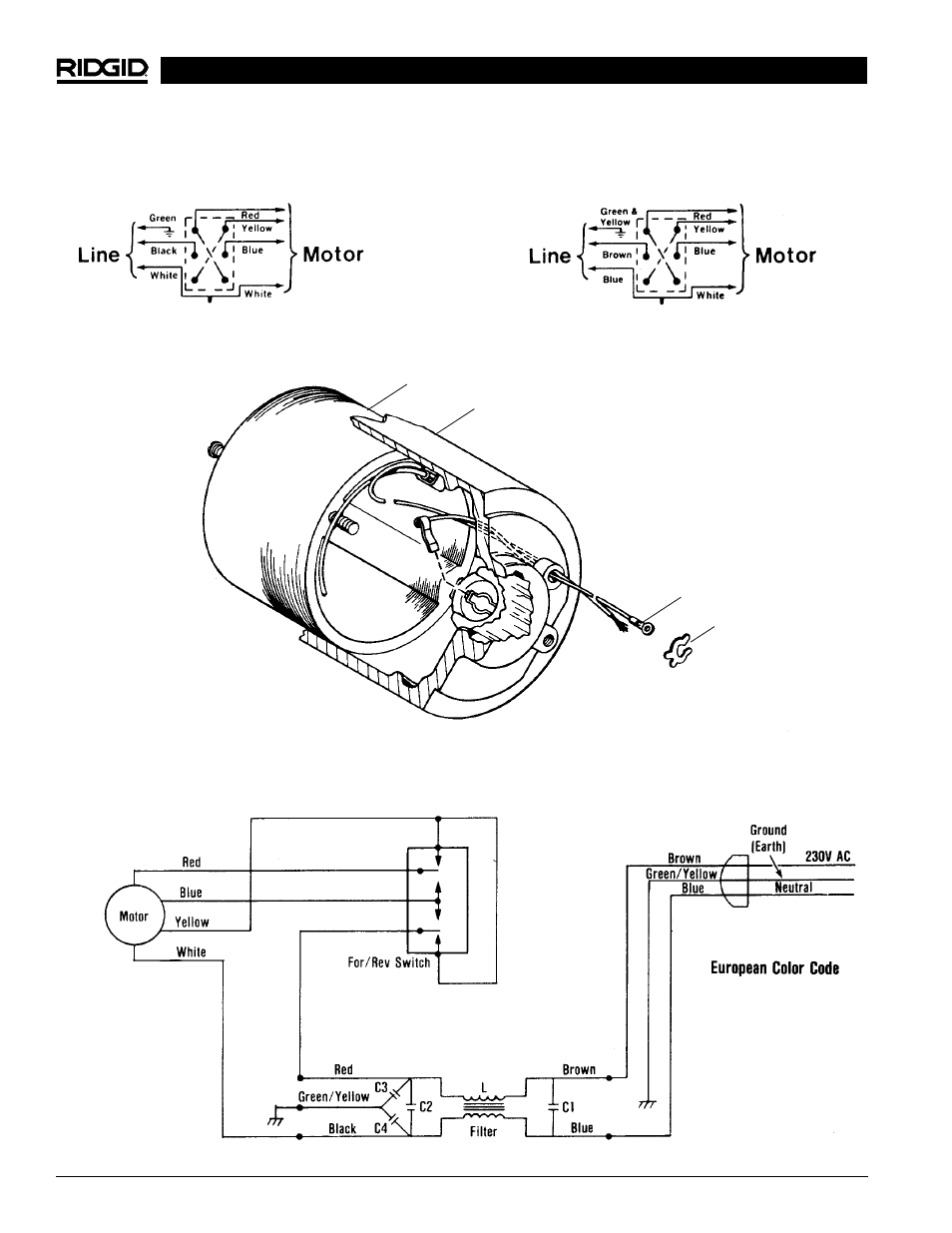 Installation of brush lead wires, Wiring schematic (230v) - with line filter | RIDGID 700 User Manual | Page 14 / 43