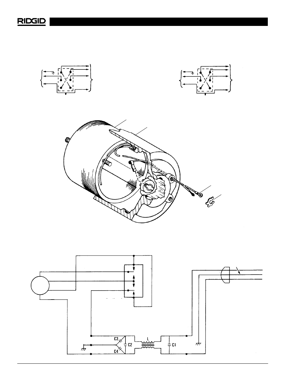 Instalación de terminales en las escobillas, Esquema de cableado (230 v) con filtro en línea, Código de colores básico código de colores europeo | RIDGID 700 User Manual | Page 42 / 43