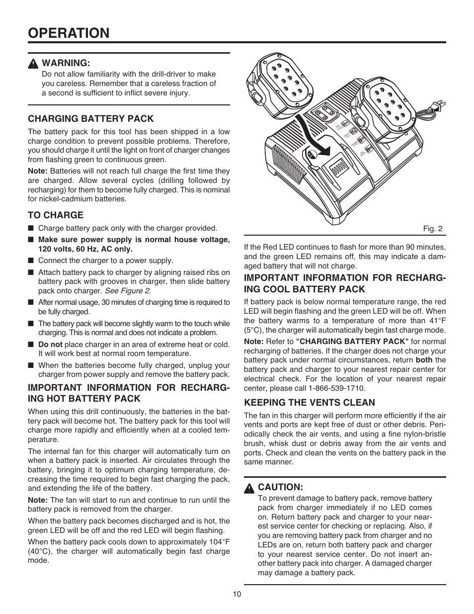 Operation, Warning, Charging battery pack | Keeping the vents clean, Caution, Fig. 2 | RIDGID R82015 User Manual | Page 10 / 20