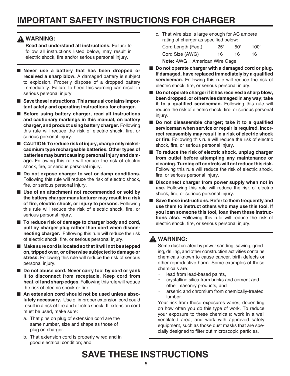 Save these instructions, Important safety instructions for charger | RIDGID R82015 User Manual | Page 5 / 20