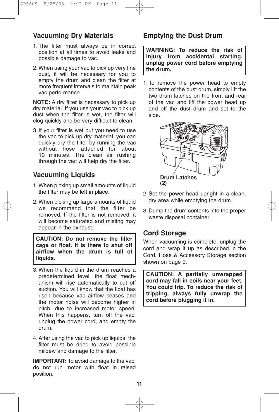 Emptying the dust drum vacuuming dry materials, Vacuuming liquids, Cord storage | RIDGID WD4550 User Manual | Page 11 / 48