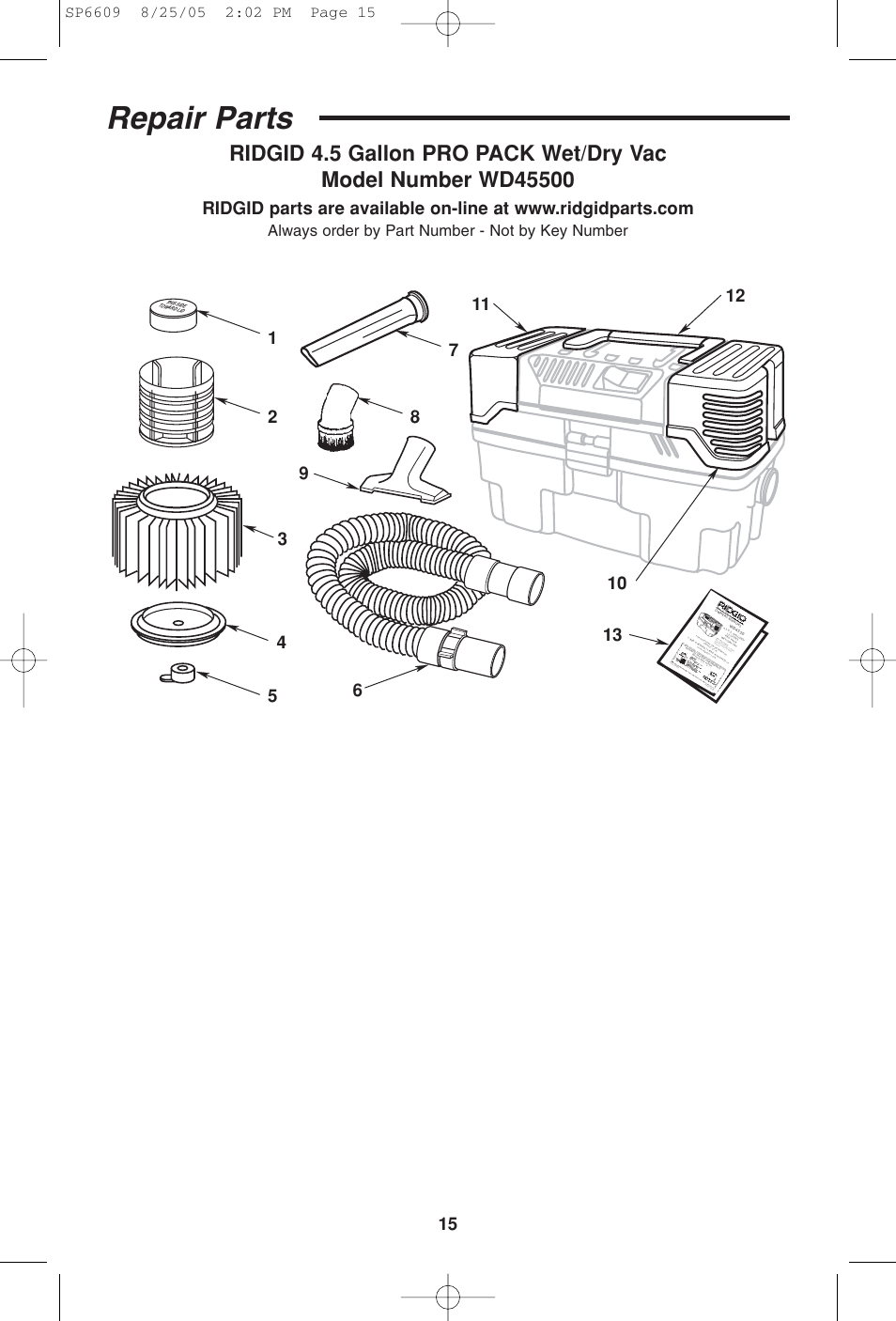 Repair parts, Always order by part number - not by key number, Pa rt n o. s p6 60 9 prin ted in c an ad a | RIDGID WD4550 User Manual | Page 15 / 48