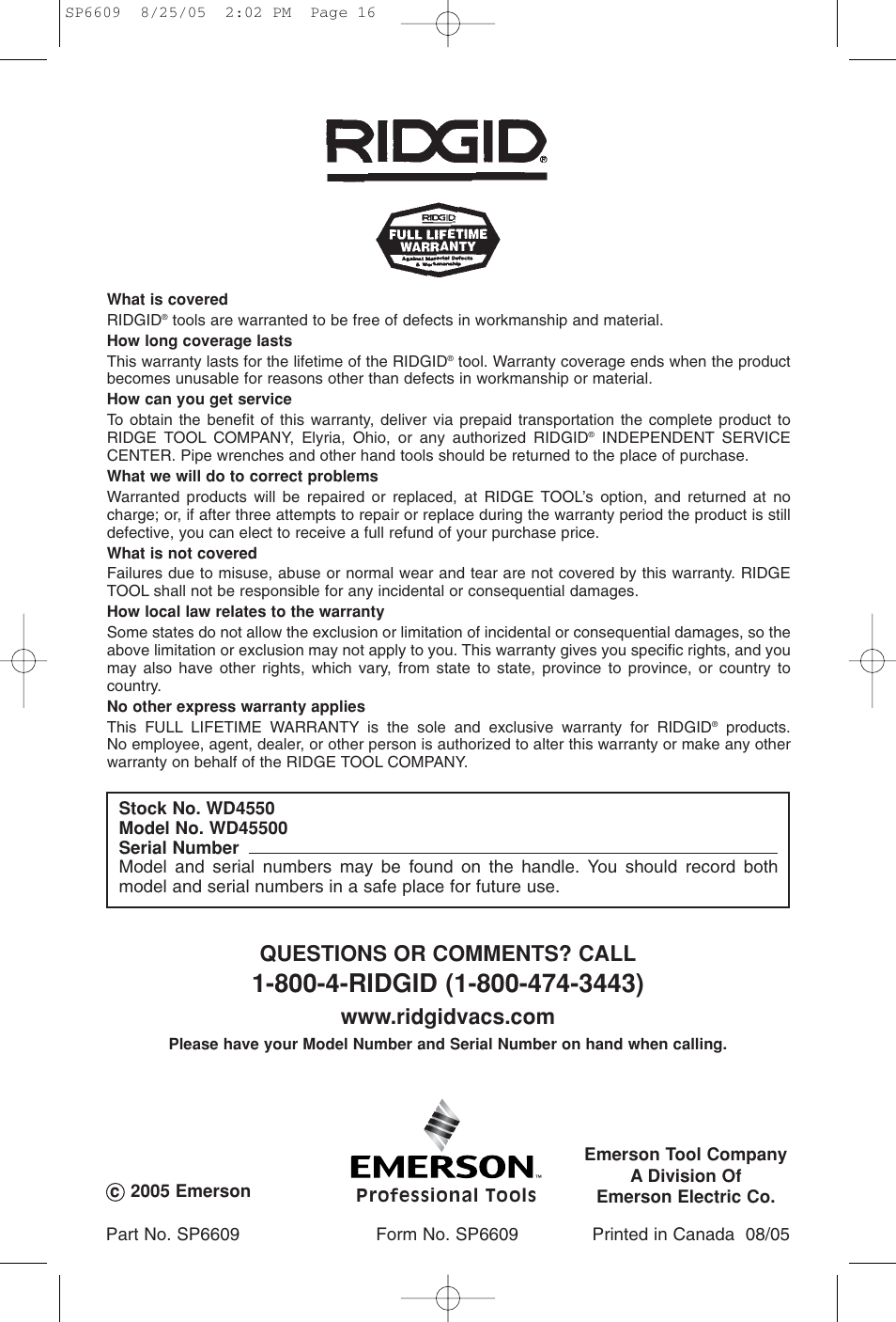 Questions or comments? call | RIDGID WD4550 User Manual | Page 16 / 48