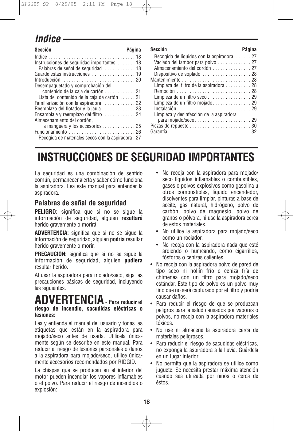 Advertencia, Instrucciones de seguridad importantes, Indice | Palabras de señal de seguridad | RIDGID WD4550 User Manual | Page 18 / 48