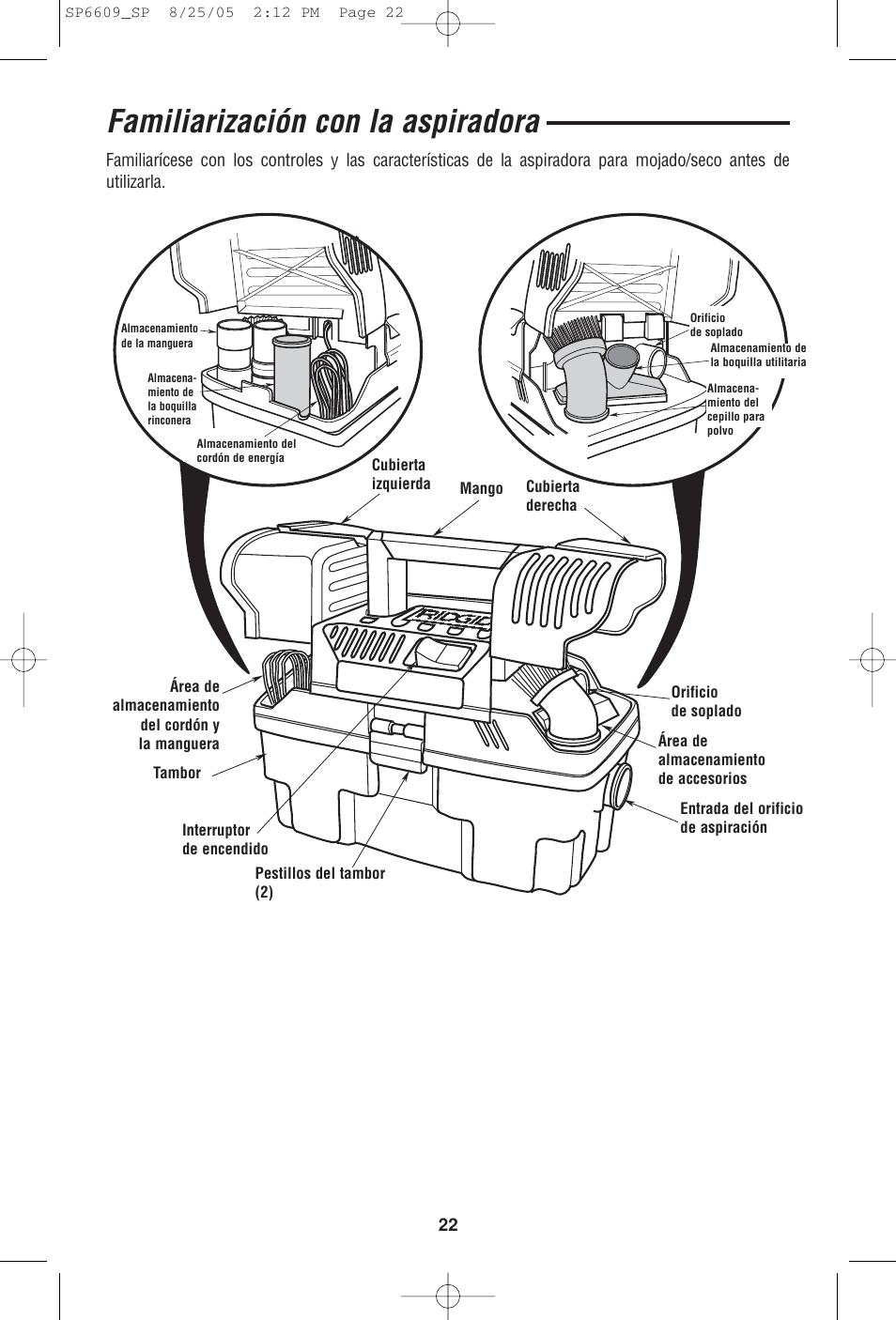 Familiarización con la aspiradora | RIDGID WD4550 User Manual | Page 22 / 48