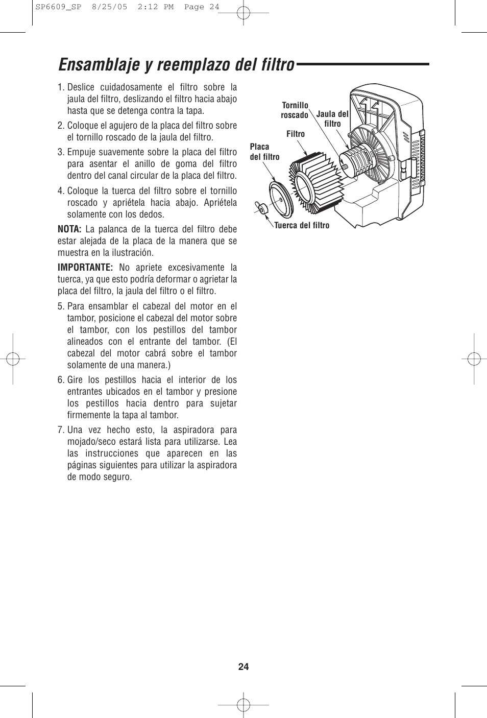 Ensamblaje y reemplazo del filtro | RIDGID WD4550 User Manual | Page 24 / 48