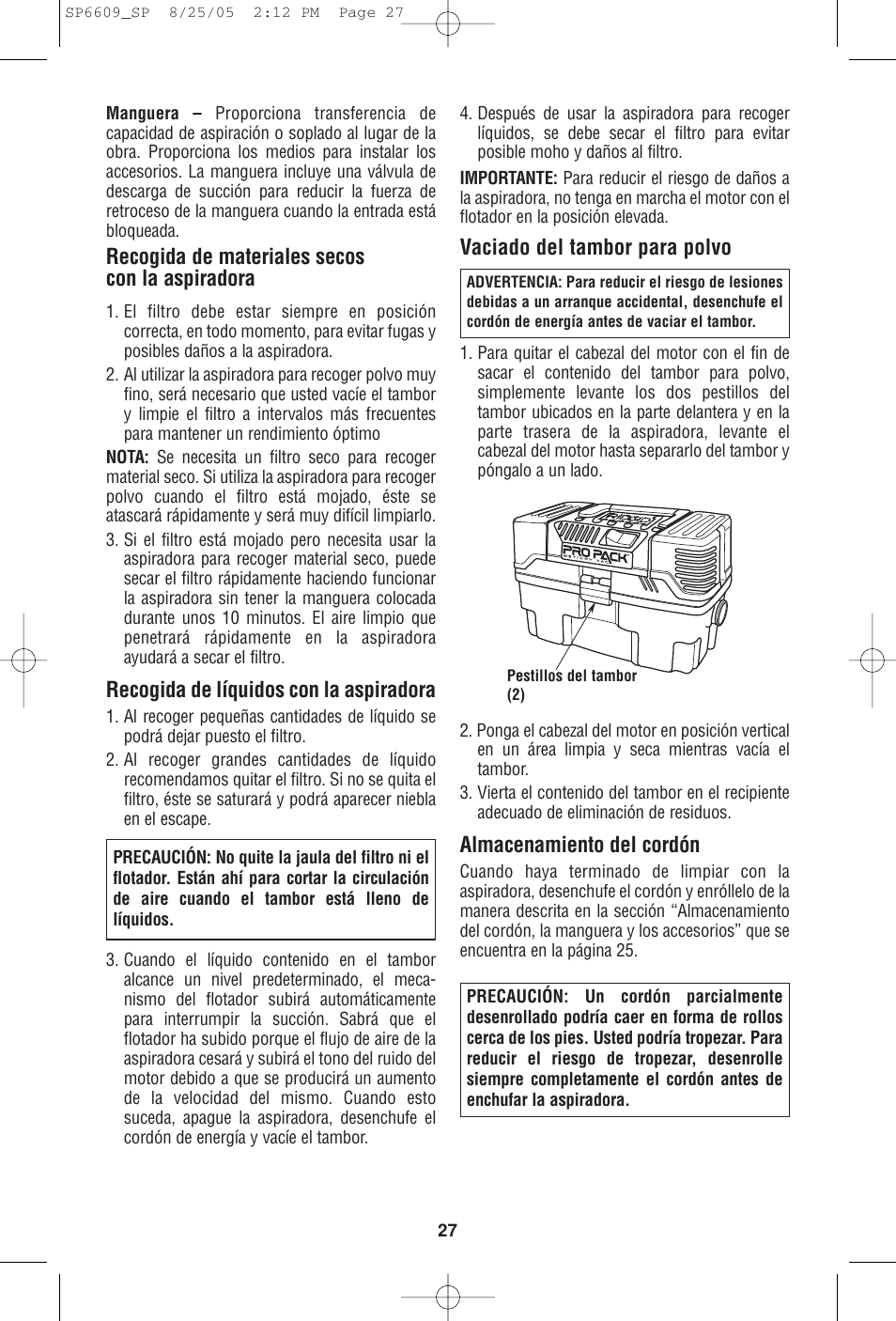 Vaciado del tambor para polvo, Almacenamiento del cordón, Recogida de materiales secos con la aspiradora | Recogida de líquidos con la aspiradora | RIDGID WD4550 User Manual | Page 27 / 48