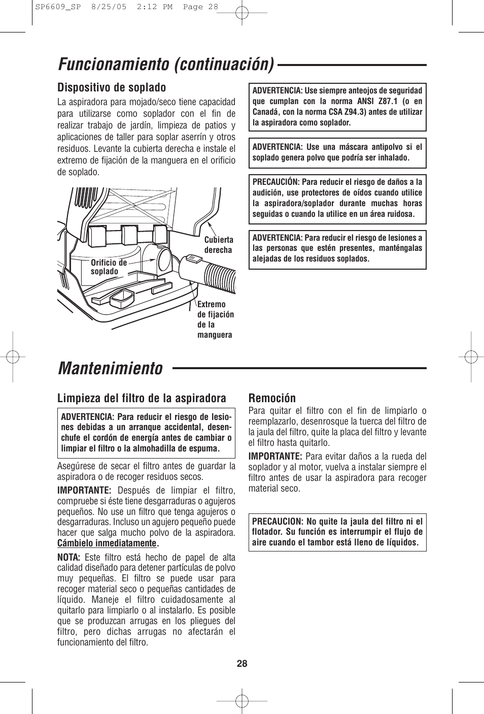 Mantenimiento, Funcionamiento (continuación), Limpieza del filtro de la aspiradora | Remoción, Dispositivo de soplado | RIDGID WD4550 User Manual | Page 28 / 48