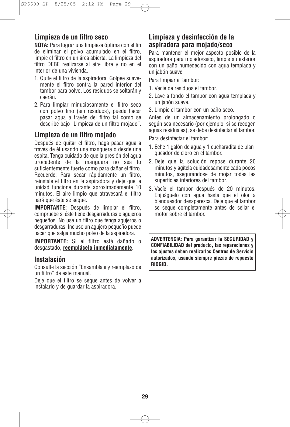 Limpieza de un filtro seco, Limpieza de un filtro mojado, Instalación | RIDGID WD4550 User Manual | Page 29 / 48