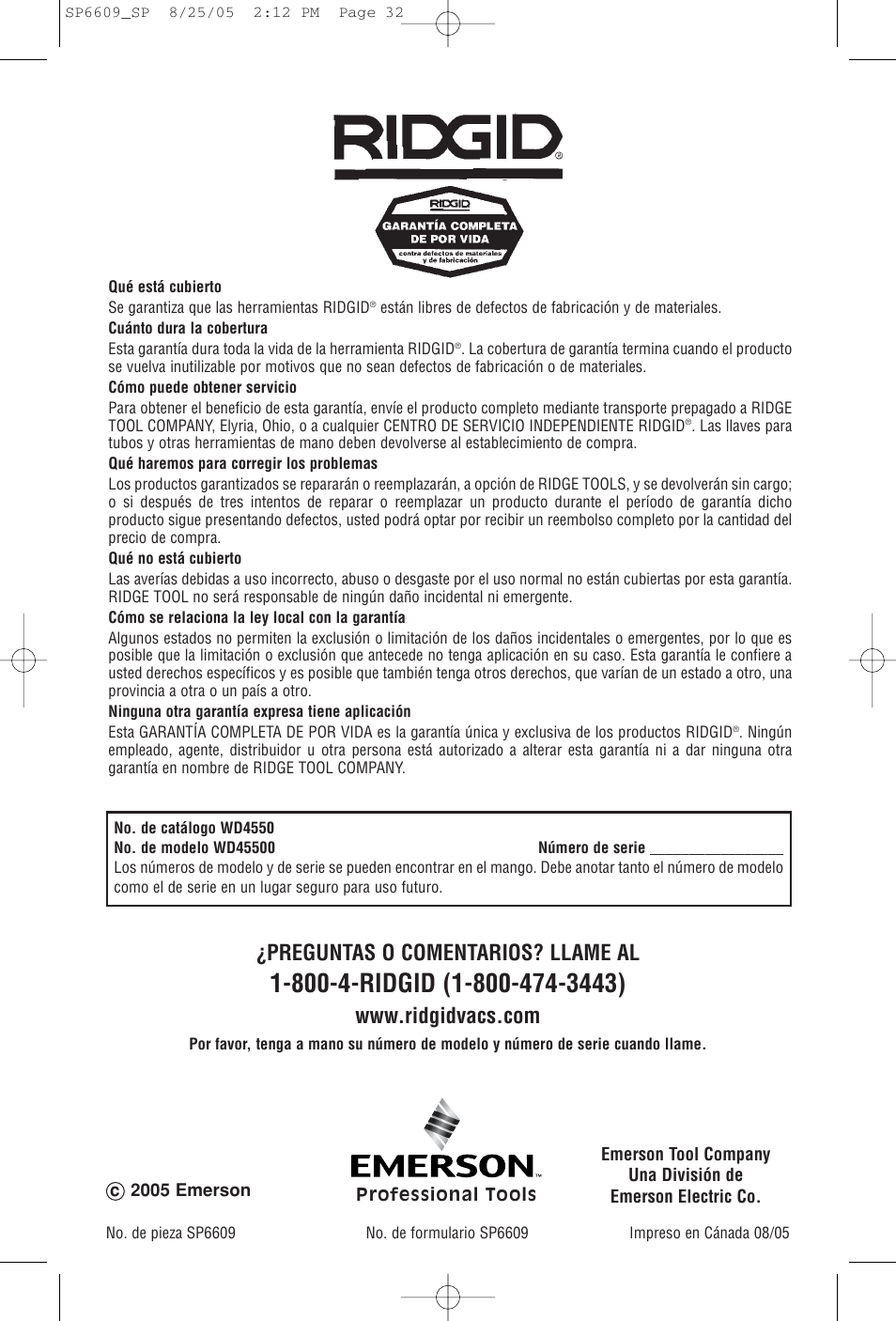 Preguntas o comentarios? llame al | RIDGID WD4550 User Manual | Page 32 / 48