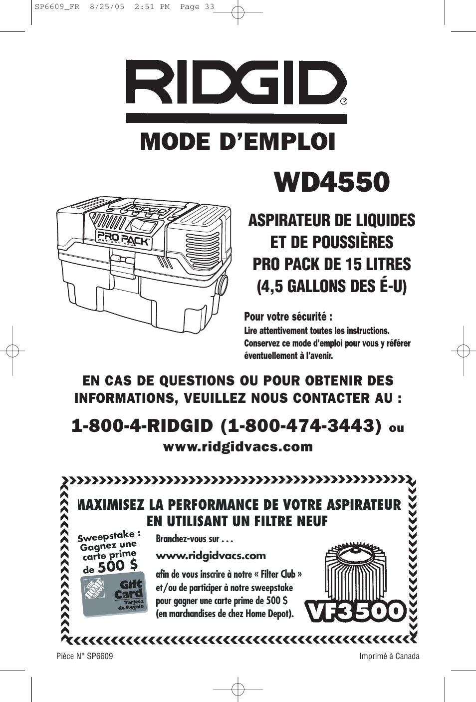 Wd4550, Mode d’emploi, Vf5000 | RIDGID WD4550 User Manual | Page 33 / 48