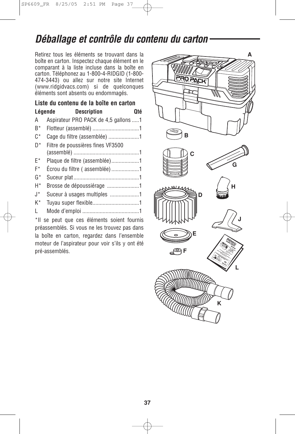 Déballage et contrôle du contenu du carton, Liste du contenu de la boîte en carton, Part no. sp6609 printed in c anada | RIDGID WD4550 User Manual | Page 37 / 48