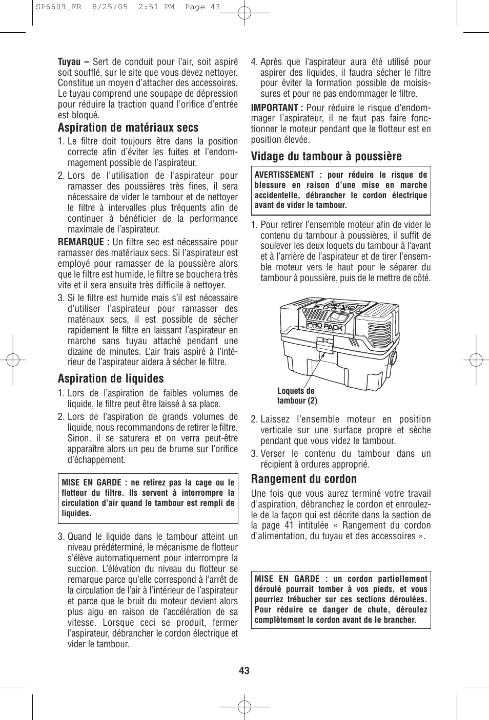 Aspiration de matériaux secs, Aspiration de liquides, Vidage du tambour à poussière | Rangement du cordon | RIDGID WD4550 User Manual | Page 43 / 48