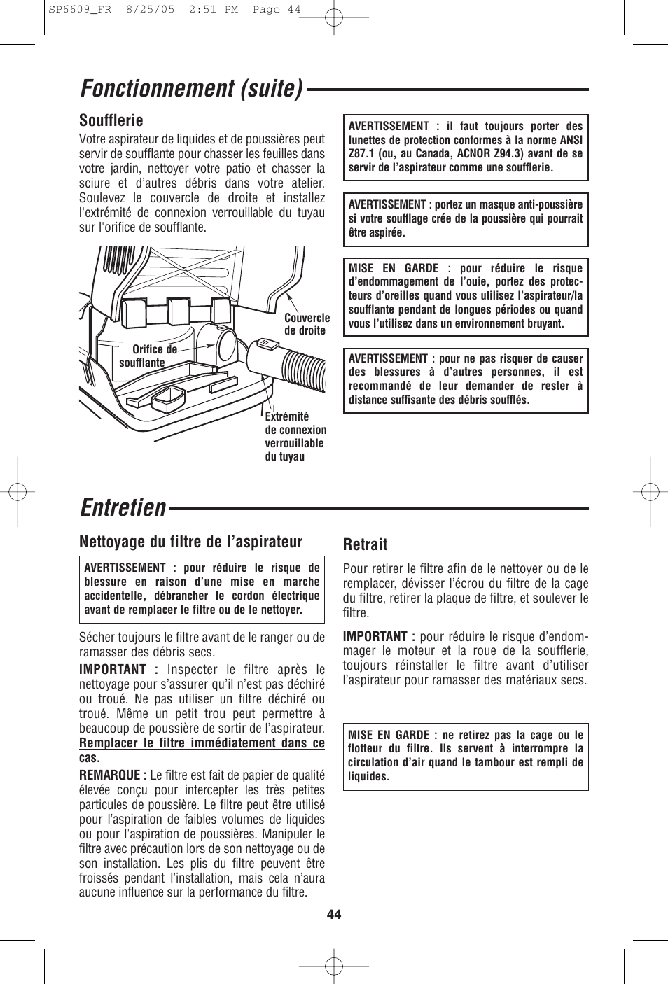 Entretien, Fonctionnement (suite), Nettoyage du filtre de l’aspirateur | Soufflerie, Retrait | RIDGID WD4550 User Manual | Page 44 / 48