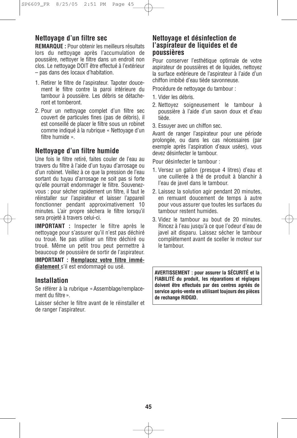 Nettoyage d’un filtre sec, Nettoyage d’un filtre humide, Installation | RIDGID WD4550 User Manual | Page 45 / 48
