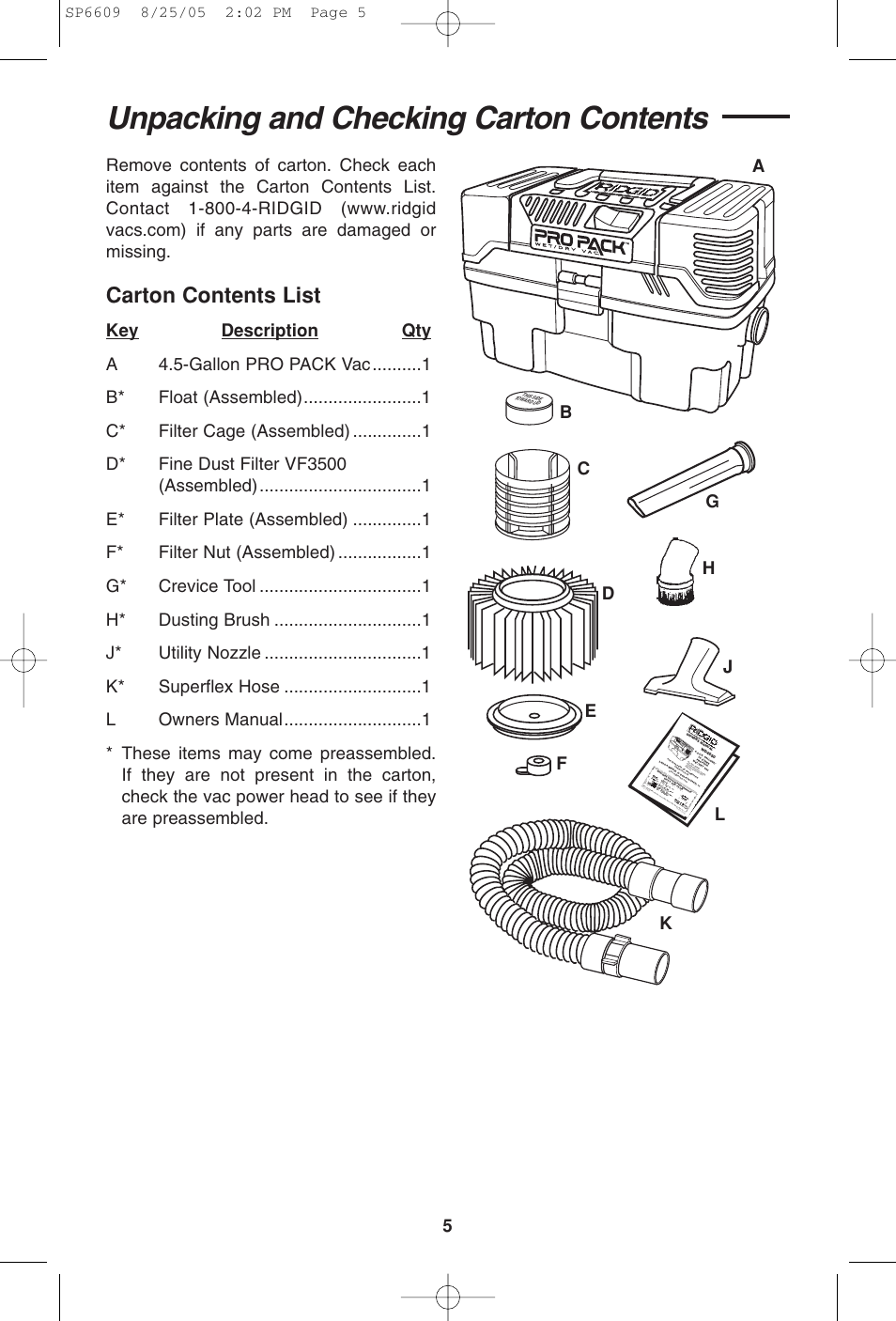 Unpacking and checking carton contents, Carton contents list | RIDGID WD4550 User Manual | Page 5 / 48