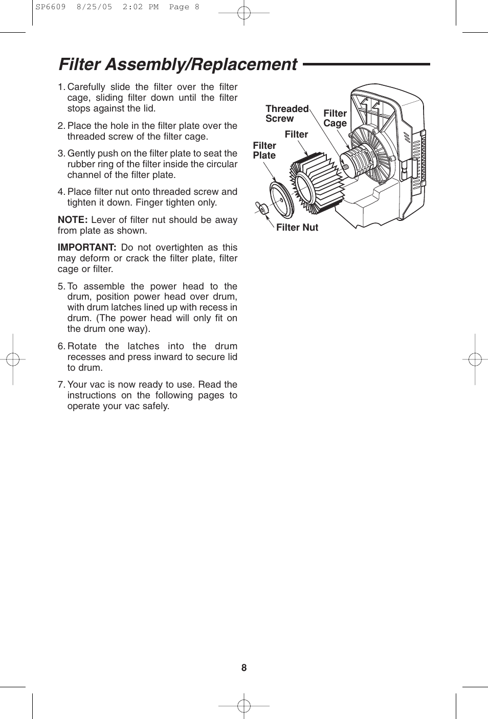 Filter assembly/replacement | RIDGID WD4550 User Manual | Page 8 / 48