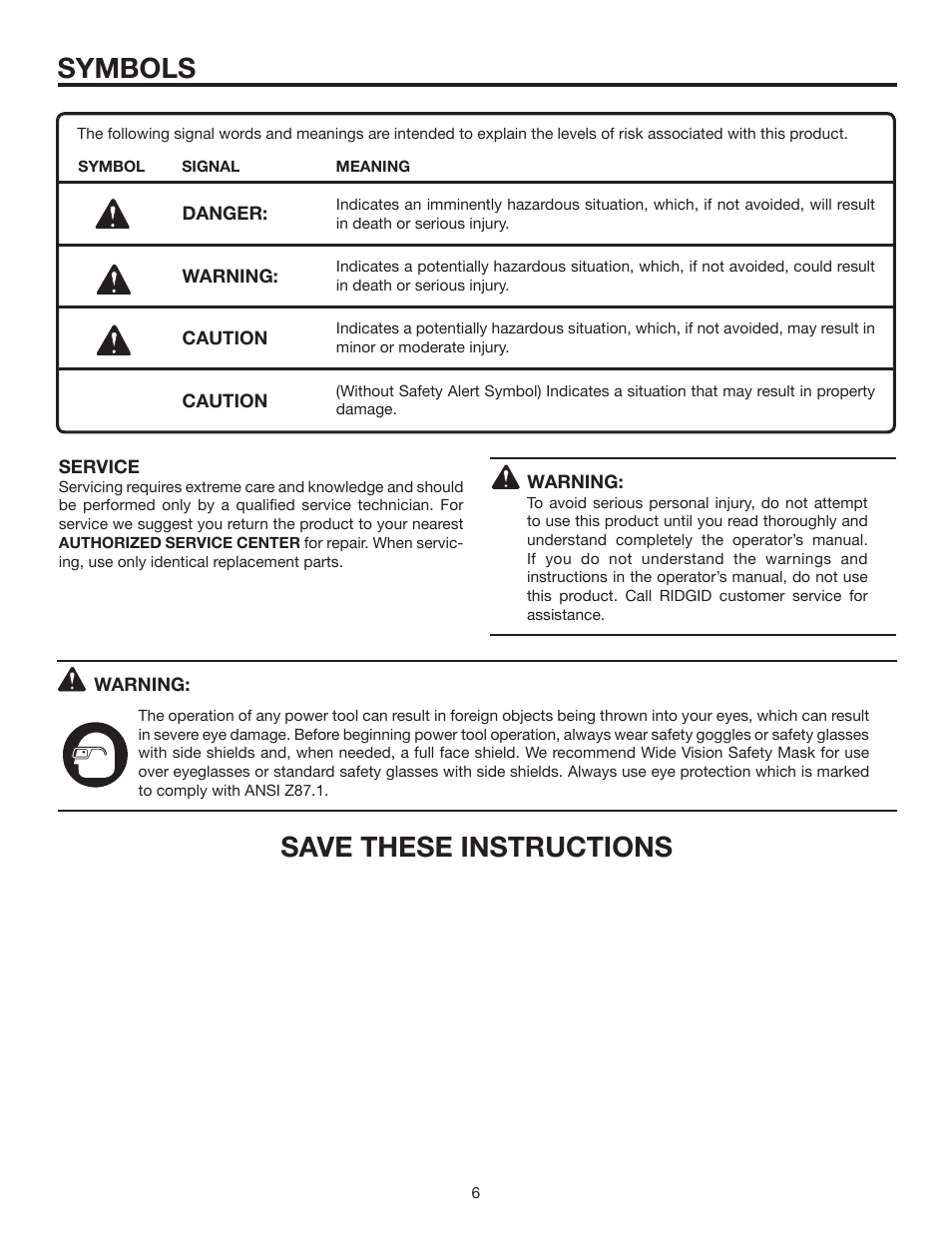 Symbols, Save these instructions | RIDGID R7111 User Manual | Page 6 / 16