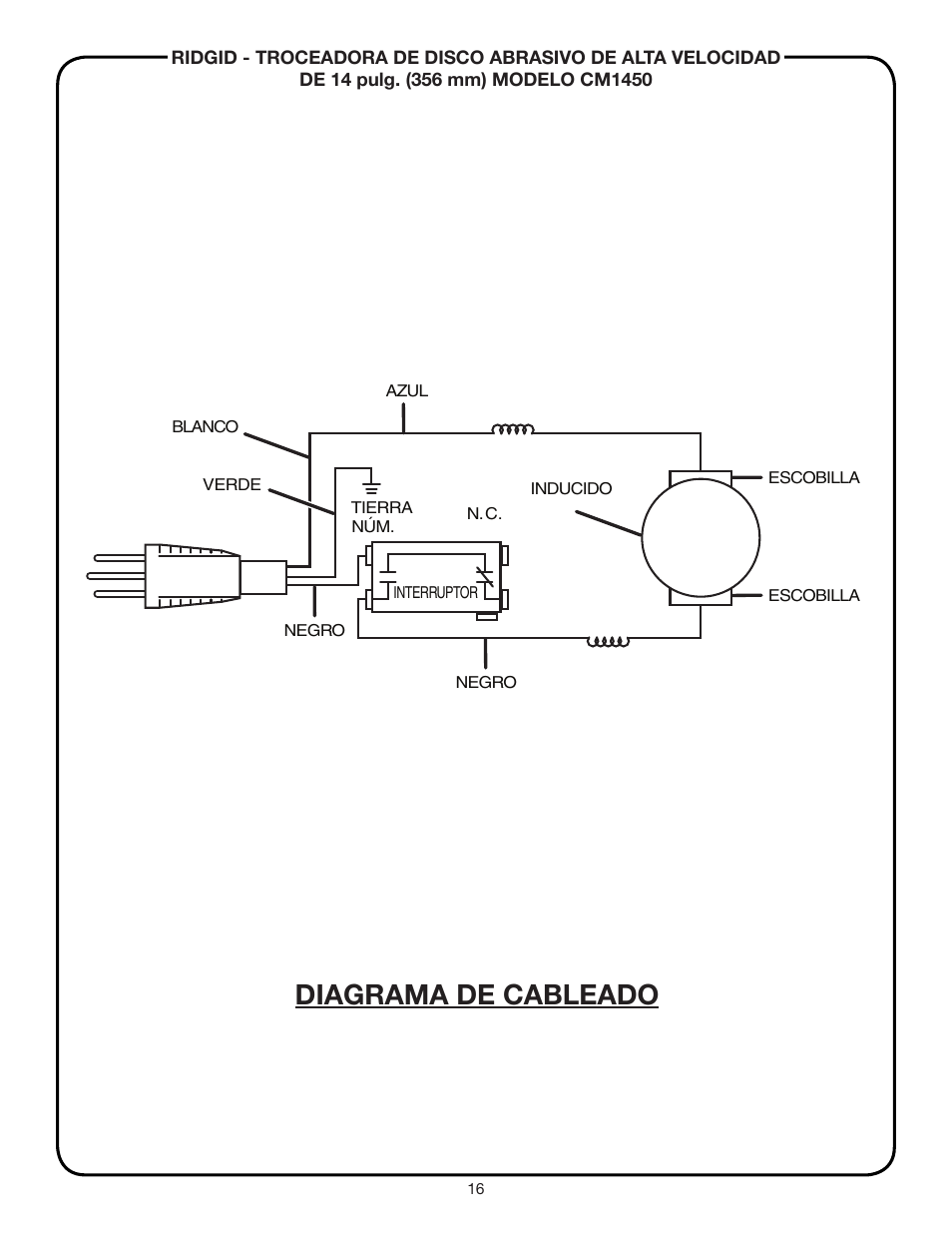 Diagrama de cableado | RIDGID CM1450 User Manual | Page 16 / 16