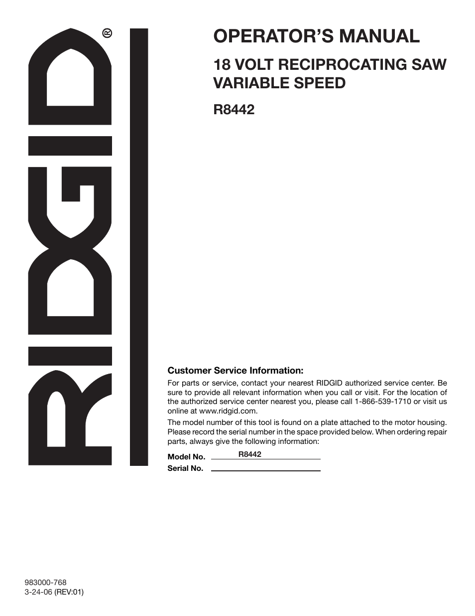 Operator’s manual, 18 volt reciprocating saw variable speed, R8442 | RIDGID R8442 User Manual | Page 16 / 16