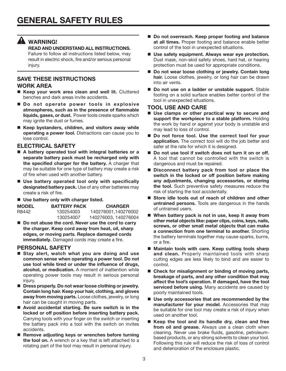 General safety rules | RIDGID R8442 User Manual | Page 3 / 16