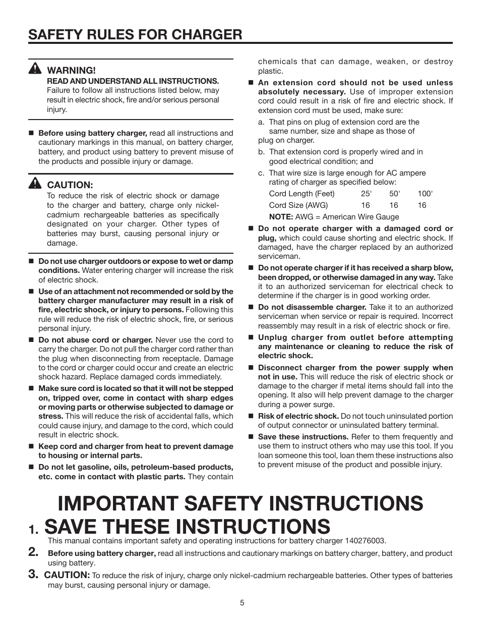 Important safety instructions, Save these instructions, Safety rules for charger | RIDGID R8442 User Manual | Page 5 / 16