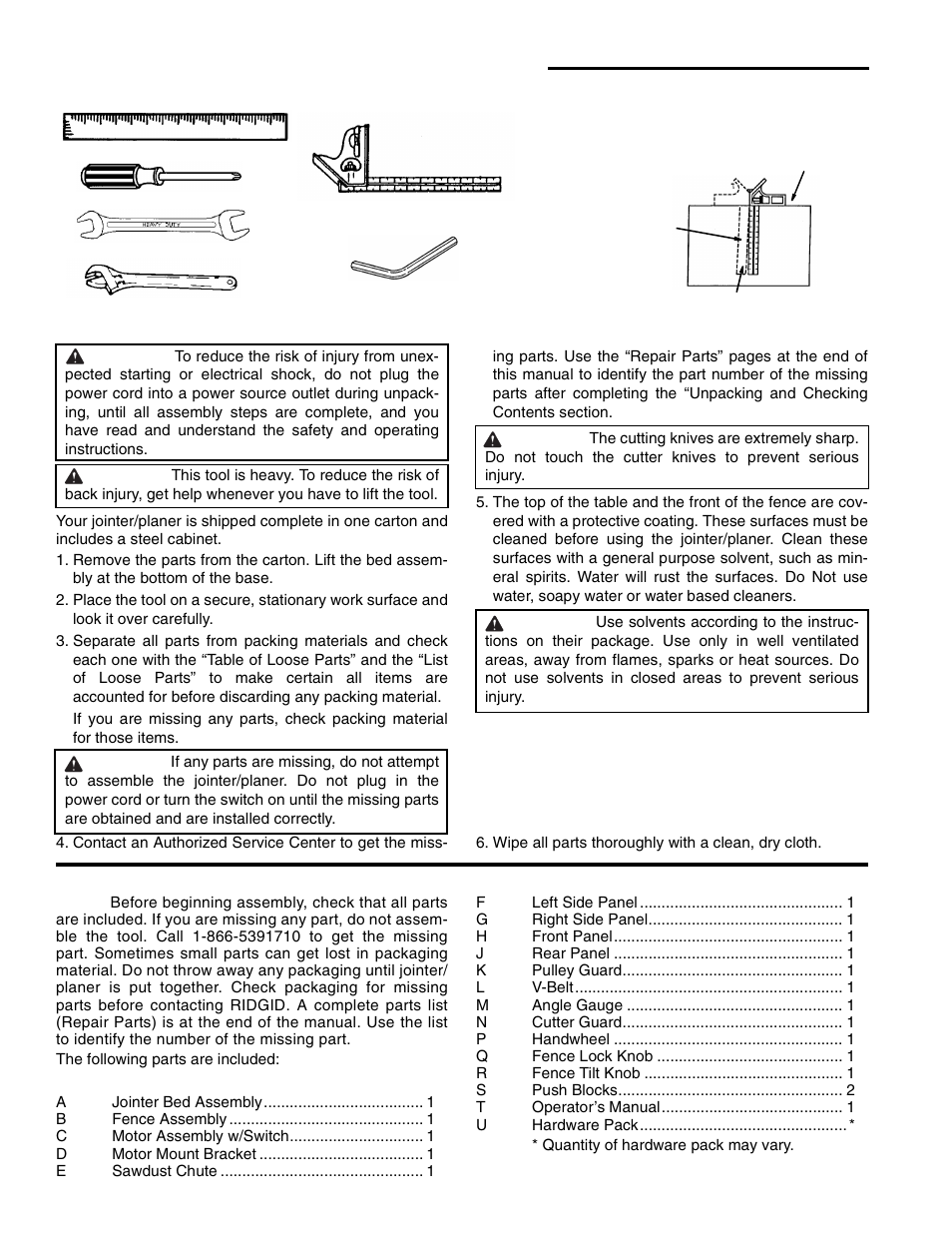 Unpacking and checking contents, Tools needed, Unpacking | Wipe all parts thoroughly with a clean, dry cloth, List of loose parts | RIDGID JP0610 User Manual | Page 10 / 44