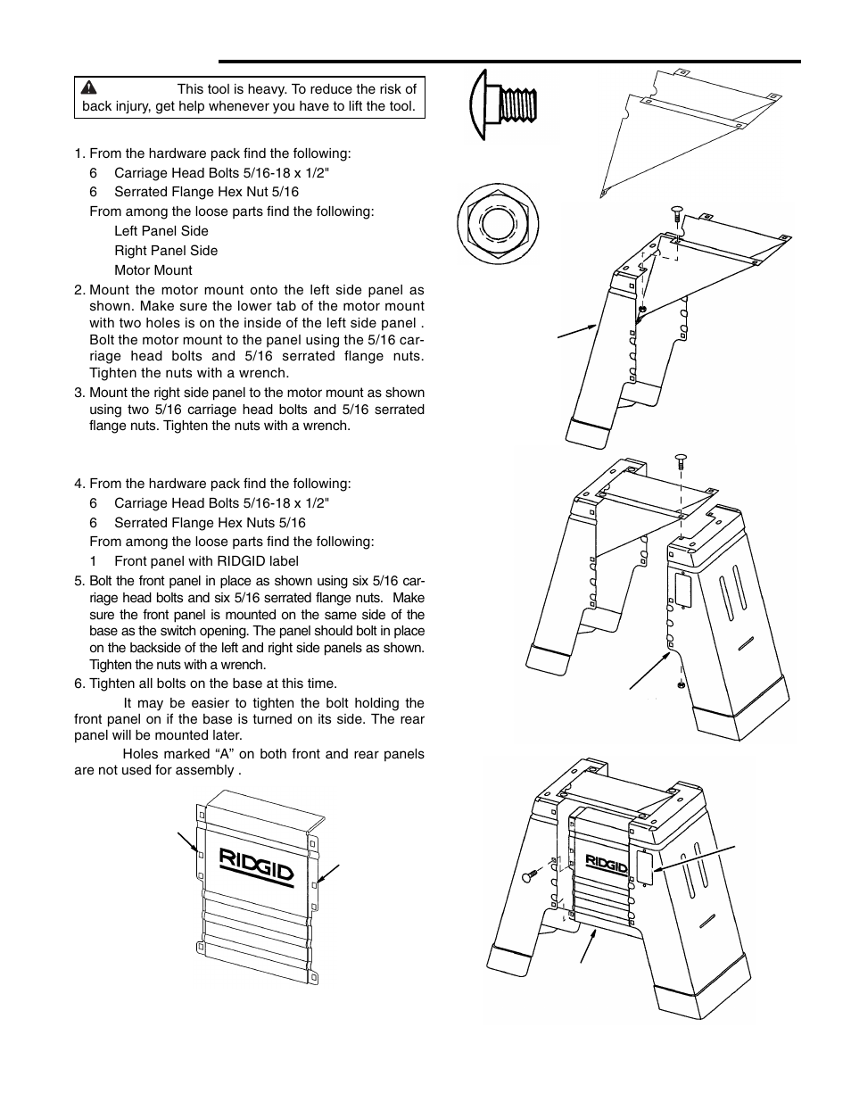 Assembly, Cabinet and motor mount assembly, From the hardware pack find the following | Tighten all bolts on the base at this time | RIDGID JP0610 User Manual | Page 13 / 44