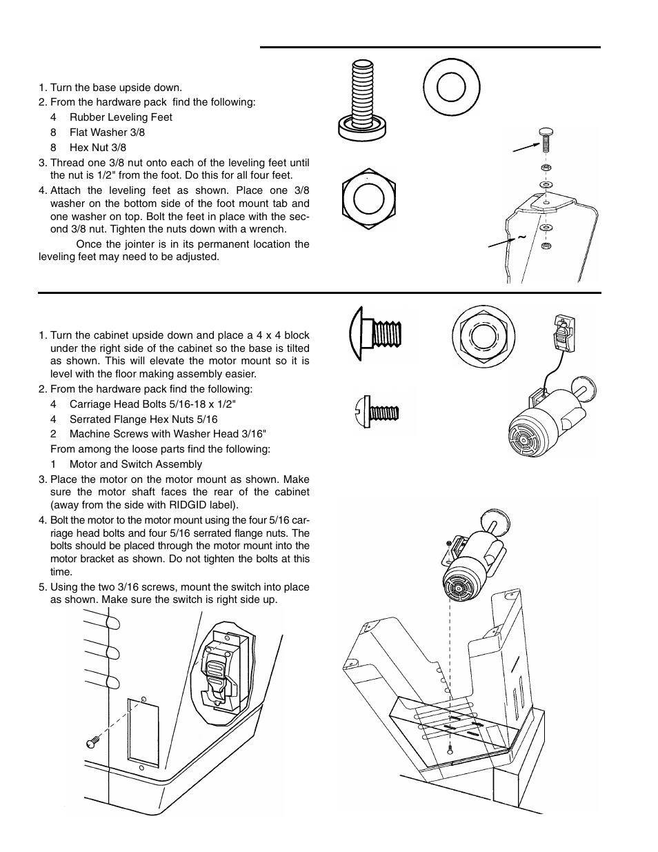 Assembly (continued), Install the leveling feet, Turn the base upside down | From the hardware pack find the following, Mounting the motor | RIDGID JP0610 User Manual | Page 14 / 44