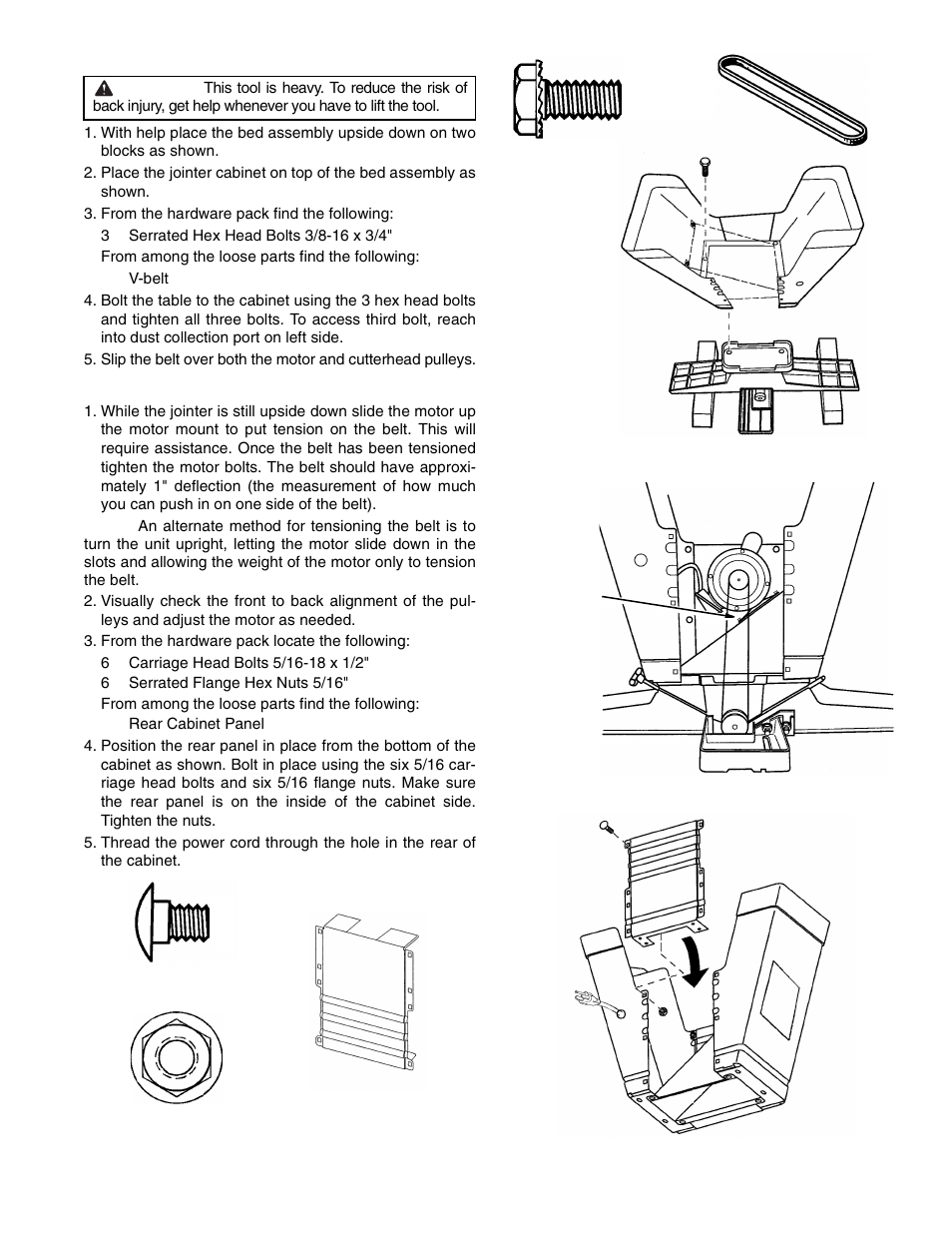 Mounting jointer table to cabinet, From the hardware pack find the following, Tensioning belt and installing rear panel | From the hardware pack locate the following | RIDGID JP0610 User Manual | Page 15 / 44