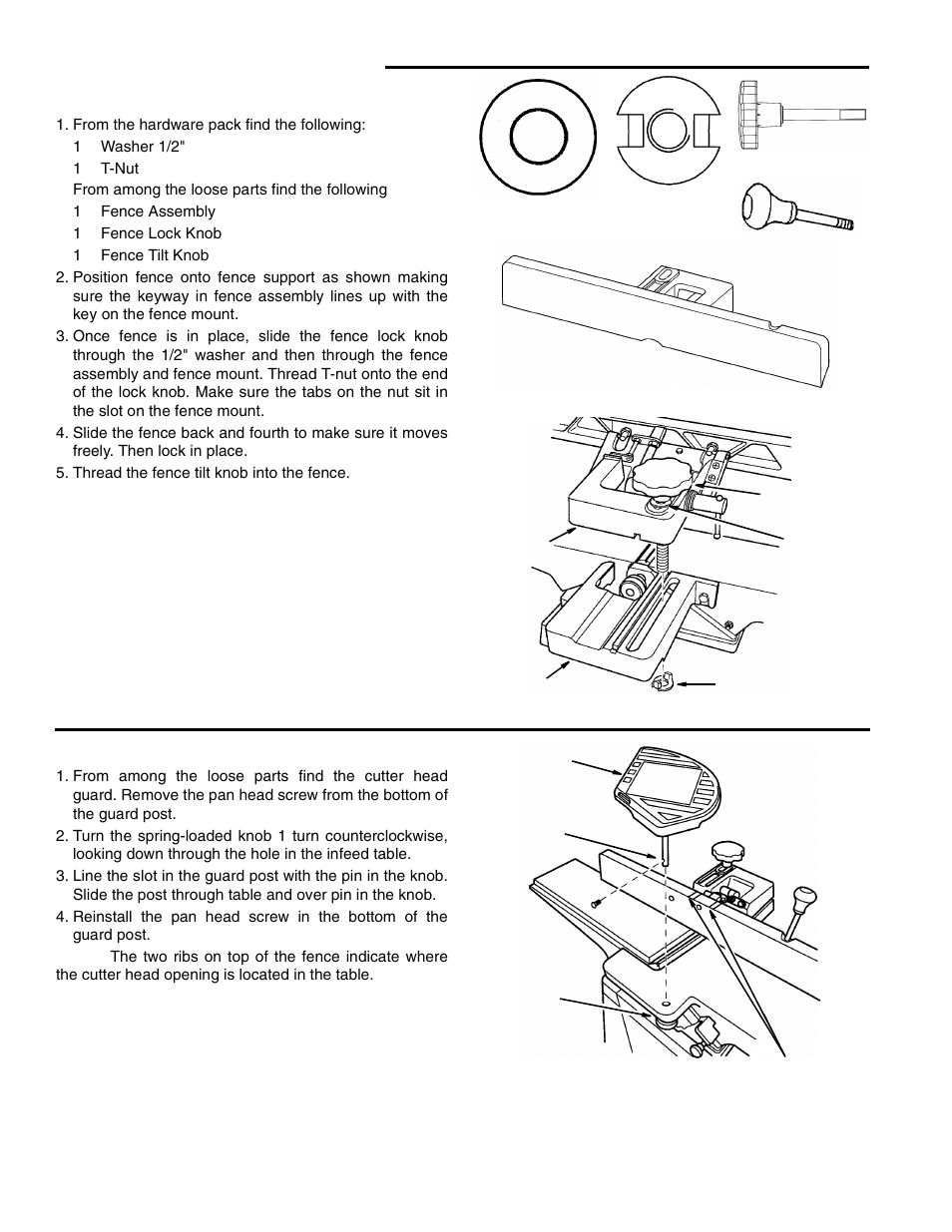 Assembly (continued), Assemble fence to bed, From the hardware pack find the following | Thread the fence tilt knob into the fence, Install cutter head guard | RIDGID JP0610 User Manual | Page 18 / 44