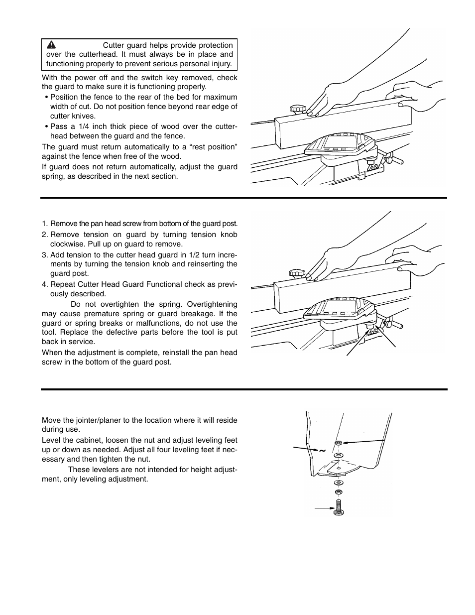 Cutter head guard functional check, Adjusting guard spring, Adjusting the leveling feet | RIDGID JP0610 User Manual | Page 19 / 44