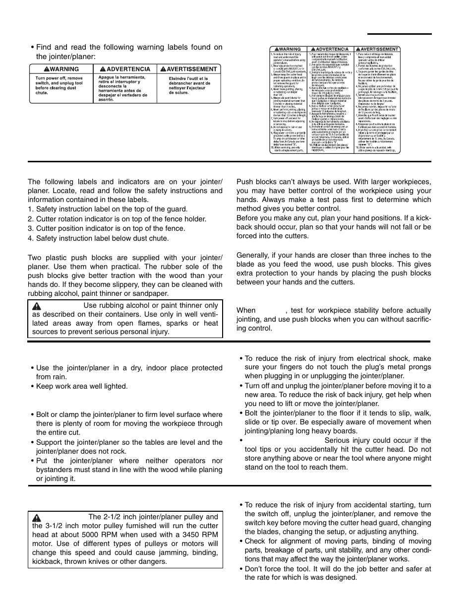 Safety instructions for jointer/planer (continued), Safety labels and indicators on the jointer/planer, Safety instruction label on the top of the guard | Cutter position indicator is on top of the fence, Safety instruction label below dust chute, When installing or moving the jointer/planer, Before each use | RIDGID JP0610 User Manual | Page 4 / 44