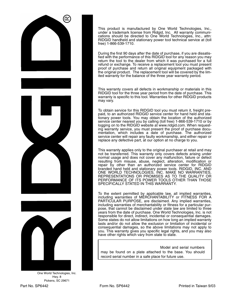 RIDGID JP0610 User Manual | Page 44 / 44