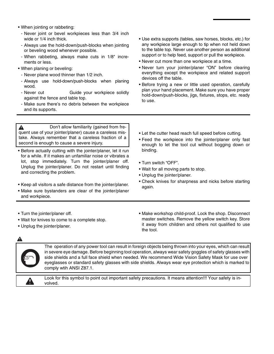 Safety instructions for jointer/planer (continued), Whenever jointer/planer is running, Before leaving the jointer/planer | Save these instructions | RIDGID JP0610 User Manual | Page 6 / 44